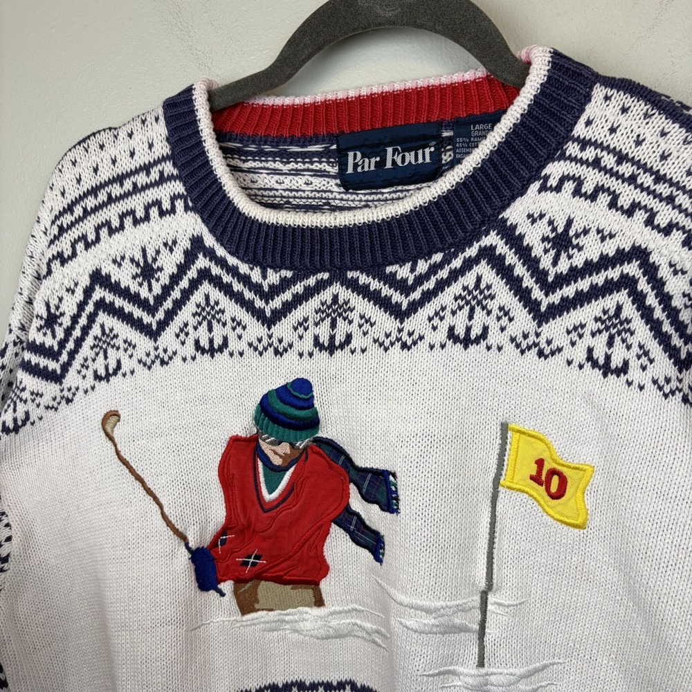 Par Four Sweater Mens Large‎ White Blue Golf 10th Hole Fair Isle Knit Crewneck